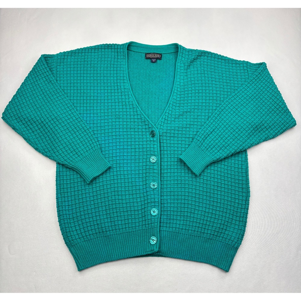 Vintage Lands End Cardigan Womens Medium Teal Green Cotton Knit Made in USA 90s
